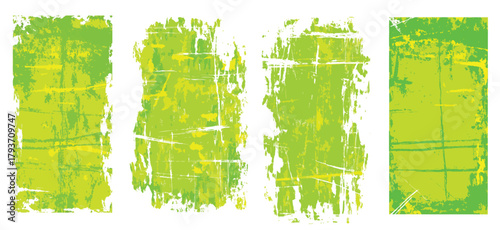 Grunge texture background set in green and yellow tones with rough distressed edges, scratches, splatter and worn surface patterns