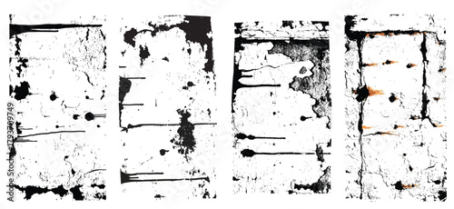 Grunge distressed texture set with cracked surfaces, peeling paint, splatter marks and rough worn patterns in black and white. 