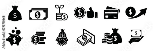 Money and payment vector set. Icons representing financial concepts and transactions for various money-related activities
