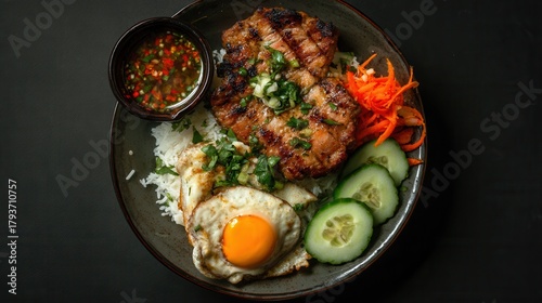 Savory Vietnam Delight is Served With Broken Rice, Pork Chop, and Fried Egg in Com Tam Bowl