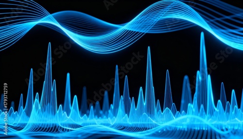 Abstract blue sound waves and spectrum on a black background.