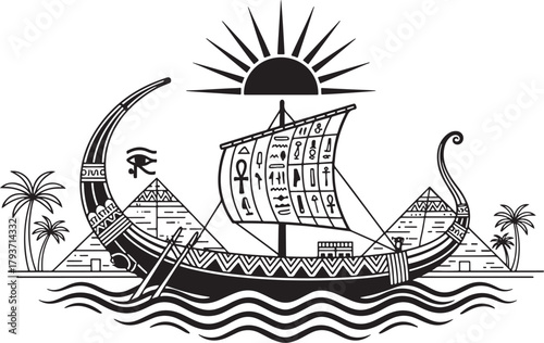 Ancient Egyptian Solar Boat with Pyramids and Hieroglyphs