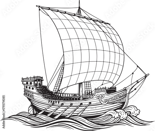 Ancient Sailing Ship with Oars on Wavy Seas