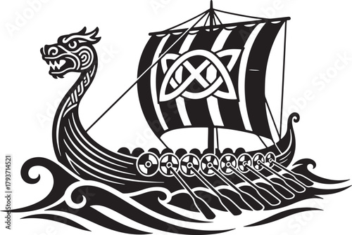 Black and White Viking Longship Illustration
