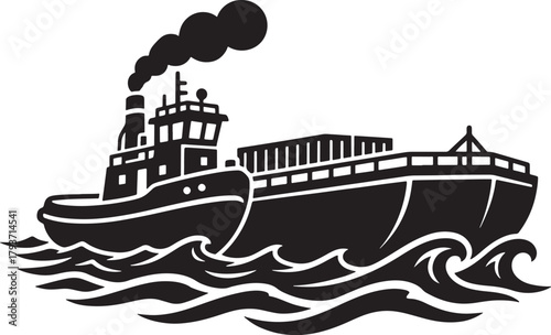 Black and White Illustration of a Tugboat Towing a Cargo Ship