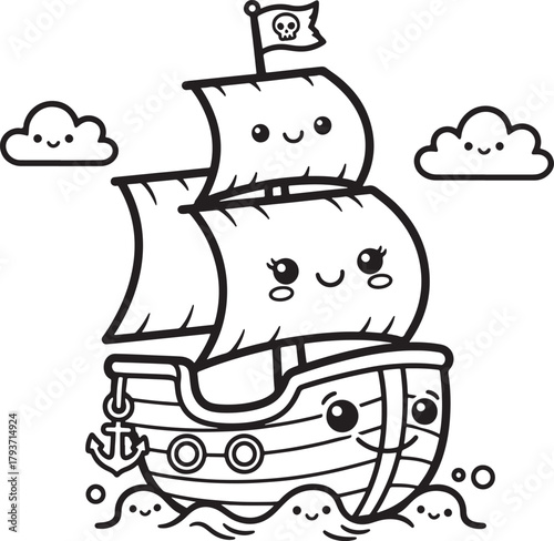 Cute Kawaii Pirate Ship Sailing on the Ocean