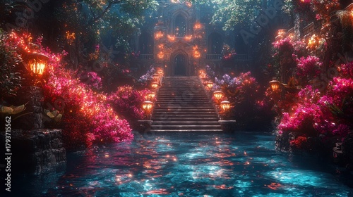 Enchanting stone staircase leading to a mystical castle, surrounded by vibrant flowers and a reflective pool.