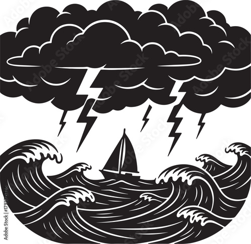 Sailboat Battling Stormy Seas with Lightning