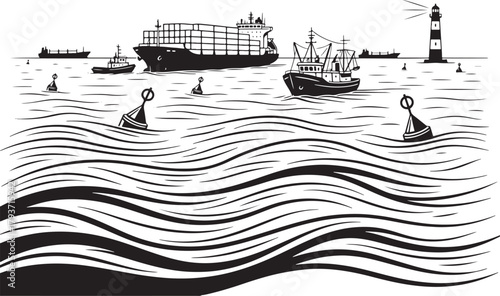 Ships and Lighthouse on Wavy Seas