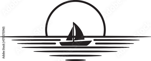 Silhouette of a sailboat at sunset over stylized waves