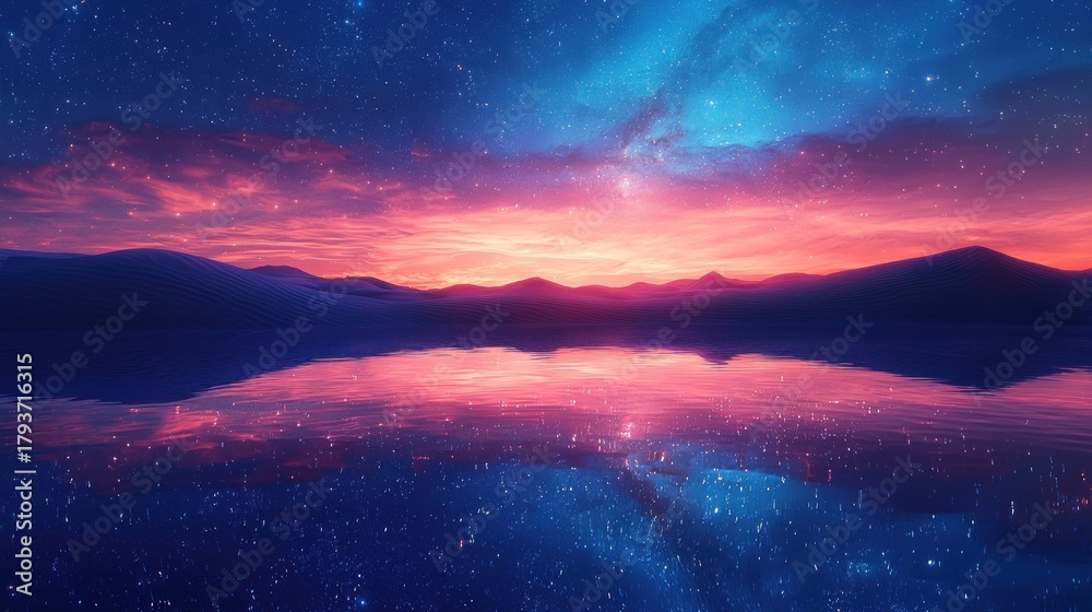 Naklejka premium Surreal sunset reflected in still lake under starry sky.