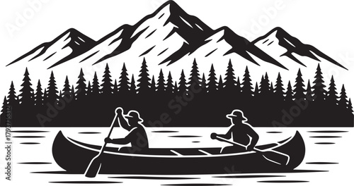 Two people canoeing with mountains and trees in the background