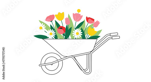 Wheelbarrow overflowing with vibrant spring flowers illustration.