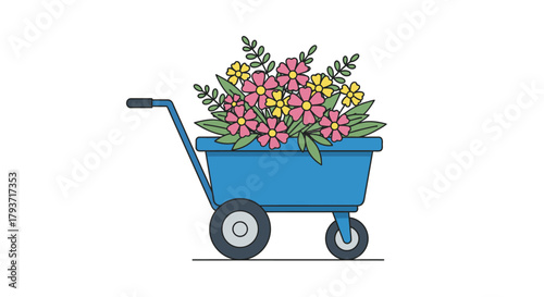 Blue Wheelbarrow Overflowing with Colorful Flowers, a Cheerful Garden Scene.