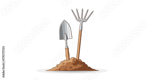 Gardening Tools in Soil - Trowel and Garden Fork Illustration.