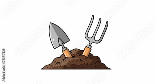Gardening Tools in Soil - Trowel and Fork Illustration.
