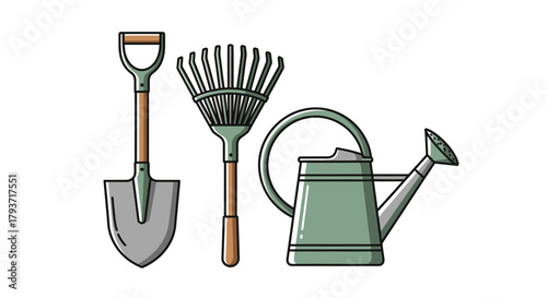 Gardening Tools - Shovel, Rake, and Watering Can Illustration.