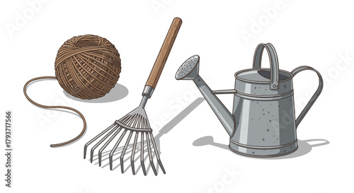 Gardening Tools - Twine, Rake, and Watering Can Illustration.