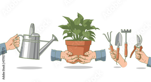Hands holding plant, watering can, and gardening tools illustration.
