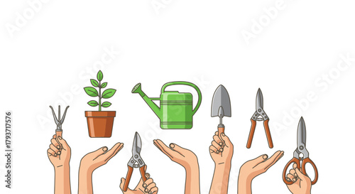 Hands Holding Gardening Tools - Plant, Watering Can, Trowel, and Pruning Shears.