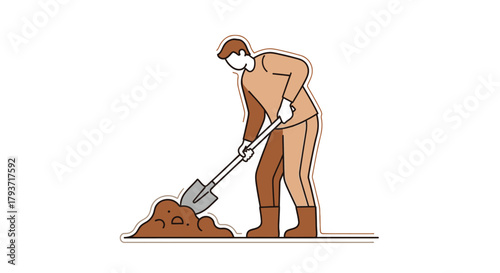 Man Digging Soil with Shovel in Garden.