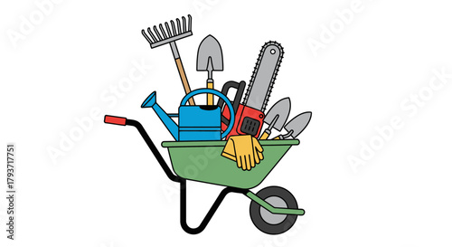 Wheelbarrow Filled with Gardening Tools Illustration.