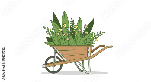 Wheelbarrow Filled with Lush Green Plants and Flowers Illustration.