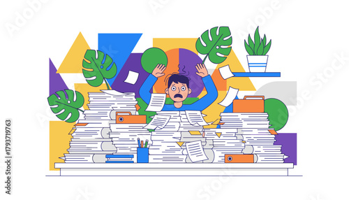 Overwhelmed worker drowning in paperwork mountain Stress excessive bureaucracy and deadlines