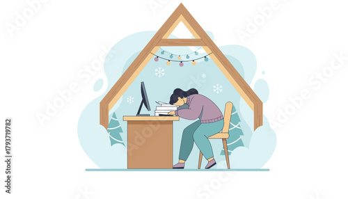 Tired student or remote worker sleeping on desk in a winter attic office illustrating stress and burnout