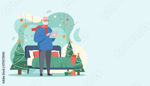 Happy senior man uses a tablet in a Christmas bedroom setting holiday digital connectivity