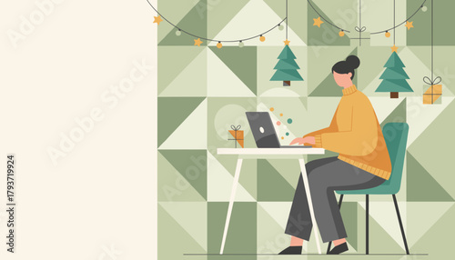 Woman working remotely on a laptop during Christmas holidays with festive decorations