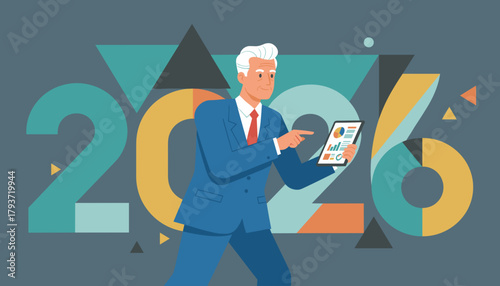 Senior businessman analyzing financial data on a tablet forecasting success for the year 2026