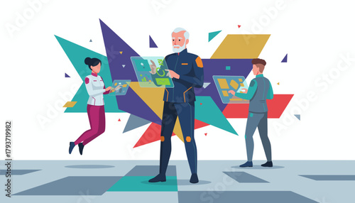 Futuristic team analyzing digital data on transparent screens Technology concept illustration