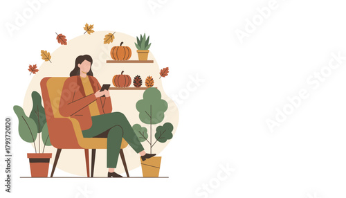 Cozy woman uses smartphone in a falldecorated living room with pumpkins Autumn lifestyle illustration