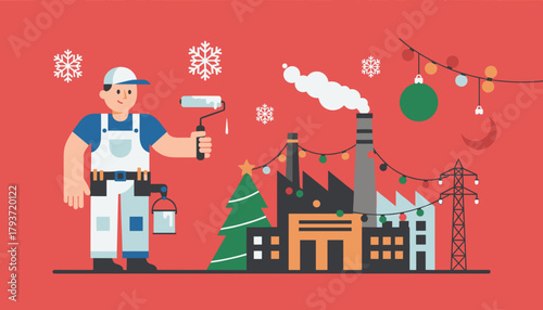 Professional worker prepares industrial factory for festive winter holidays Flat illustration