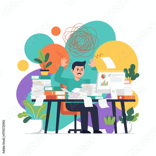 Stressed businessman drowning in paperwork at his desk frustrated by deadline pressure