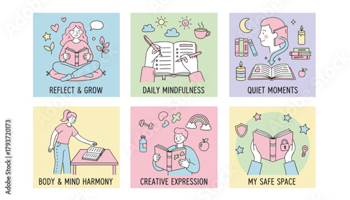 Selfcare and wellness activities set reading journaling reflection and mindbody harmony icons