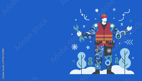 Stylized illustration of a winter utility worker holding a wrench in a snowy environment