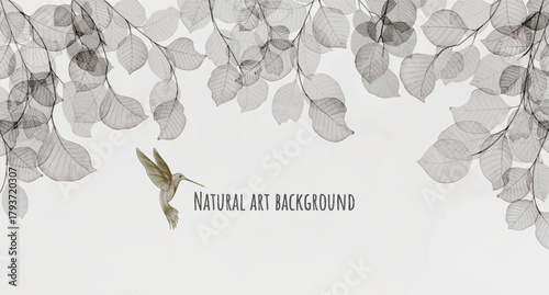 Black and white art background with transparent leaves on a tree branch. A natural vector banner in a watercolor style for decor, prints, wallpaper, textiles, packaging, and interior design.