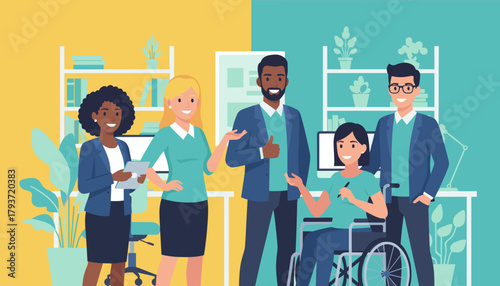 Diverse inclusive business team smiling in a modern office representing equality and collaboration