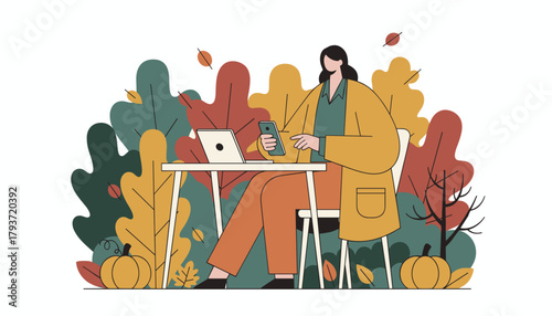 Woman working remotely outdoors in autumn foliage with laptop and phone