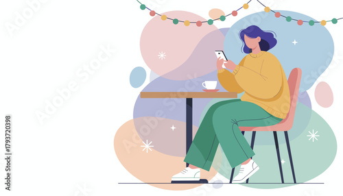 Woman sits at a cafe table using a phone Communication technology and casual lifestyle vector