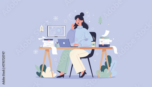 Illustration of a busy worker feeling stressed and overwhelmed by tasks and winter deadlines