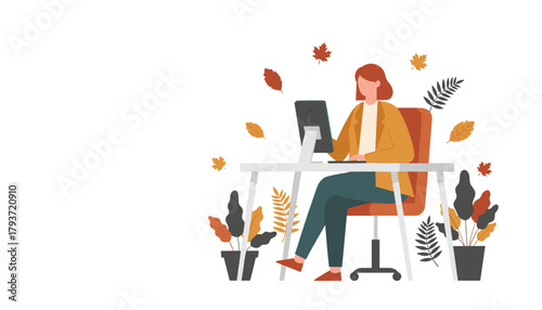 Woman working at computer desk decorated with fall leaves and plants Remote work concept