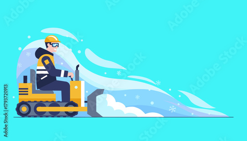Worker clearing heavy snow using a tracked plow machine Winter maintenance service vector illustration