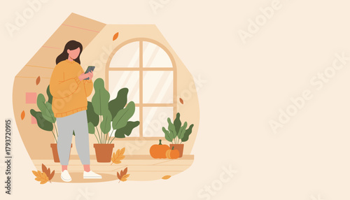 A woman texts on her smartphone in a cozy autumn room with plants and pumpkins illustrating digital life
