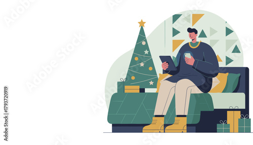 Man using tablet and phone by Christmas tree Holiday tech connection and digital shopping