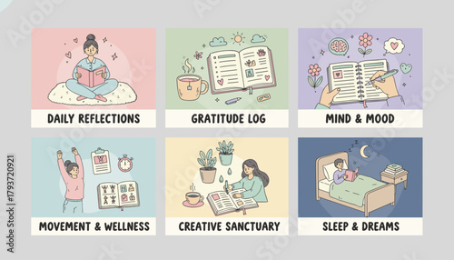 Six selfcare concepts including journaling reflection movement creativity and sleep hygiene