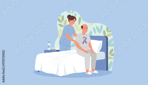 Nurse assisting patient with awareness ribbon in bed symbolizing support recovery and home care