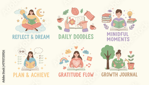 Selfcare and personal development concept illustration with six journaling ideas plan reflect grow